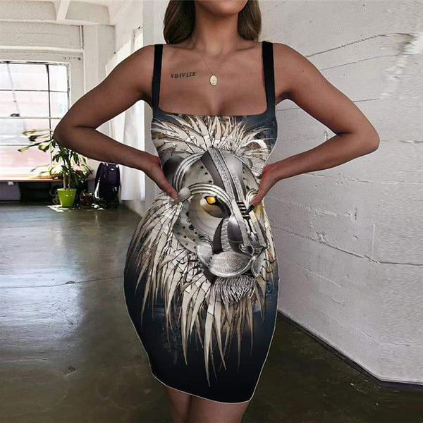 Lion Dress Women Animal Vestido Sexy Anime Ladies Dresses Metal Bodycon Dress Black 3d Print - KYKU