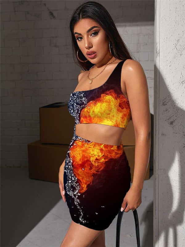 
Love Dress Women Flame Bodycon Dress Couples 3d Print Harajuku Pleating
                