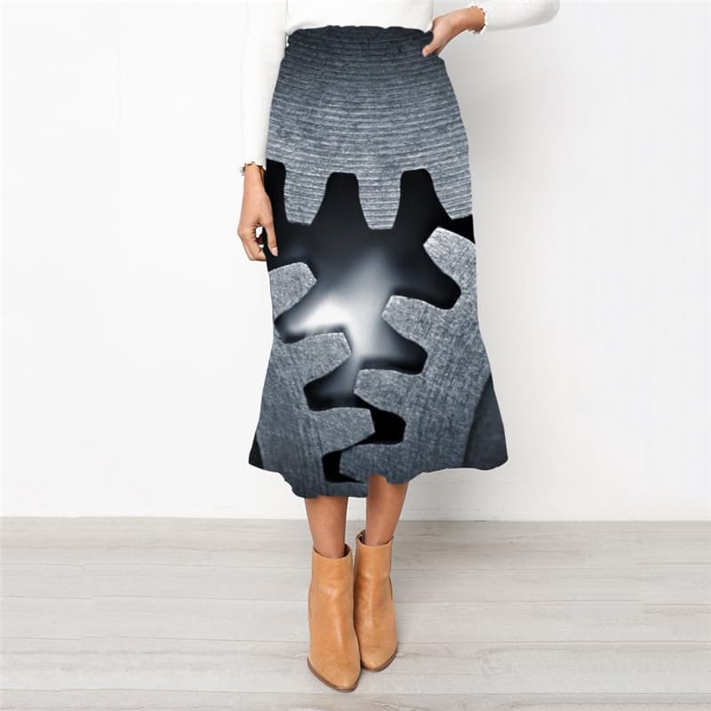 Metal Skirts Women Engine High waist skirts Gear Skirt Ladies Gray School skirt