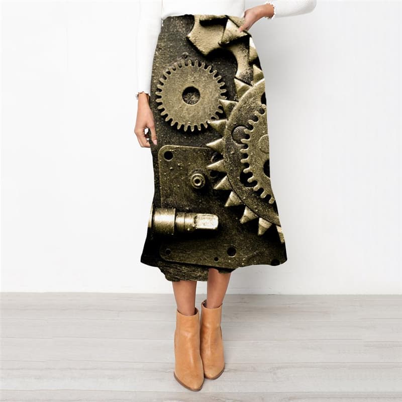 Metal Skirts Women Engine High waist skirts Gear Rock Frauen Paint School skirt