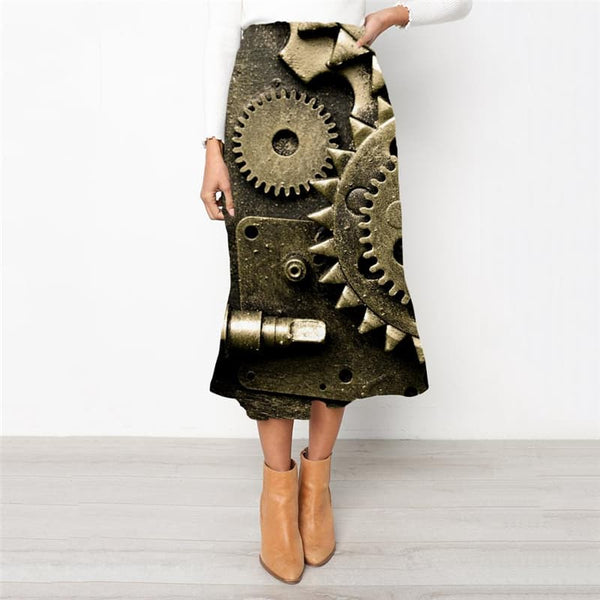 Metal Skirts Women Engine High waist skirts Gear Rock Frauen Paint School skirt