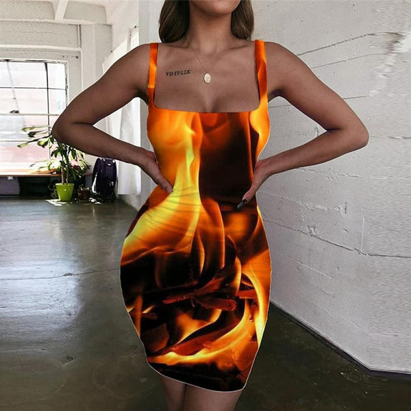 Flame Dress Women Harajuku Sundress Street Vestido Sexy Womens Clothing