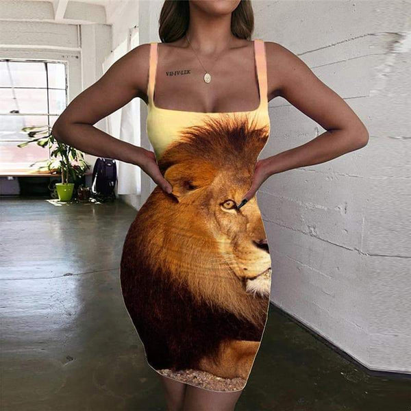 Lion Dresses Women Animal Bodycon Dress Anime Halter Sleeveless Pink Clouds Vestido Sexy Street Sundress - KYKU