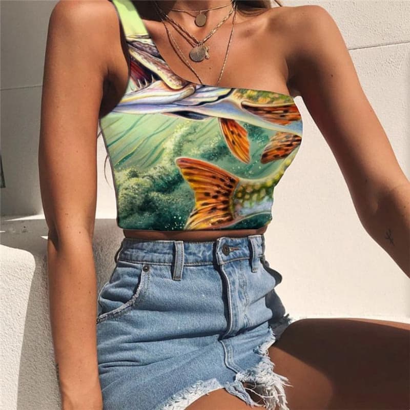 Fish Tank Tops Women Animal Sleeveless Shirt Fishinger One Shoulder Crop Art Midriff T shirt