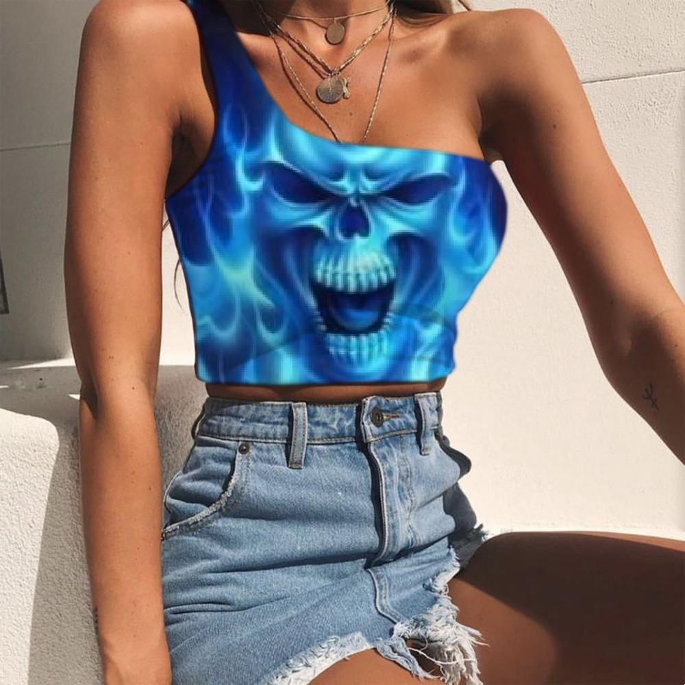 Skull Tank Tops Women Punk One Shoulder Crop Blue Sleeveless Shirt Flame Tees Graphic - KYKU
