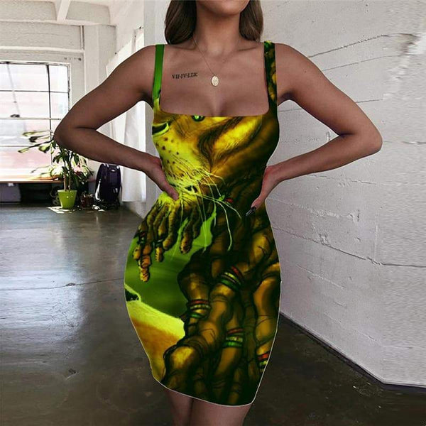 Lion Dress Women Animal 3d Print Anime Sundress Graffiti Bodycon Dress Harajuku Halter Sleeveless - KYKU
