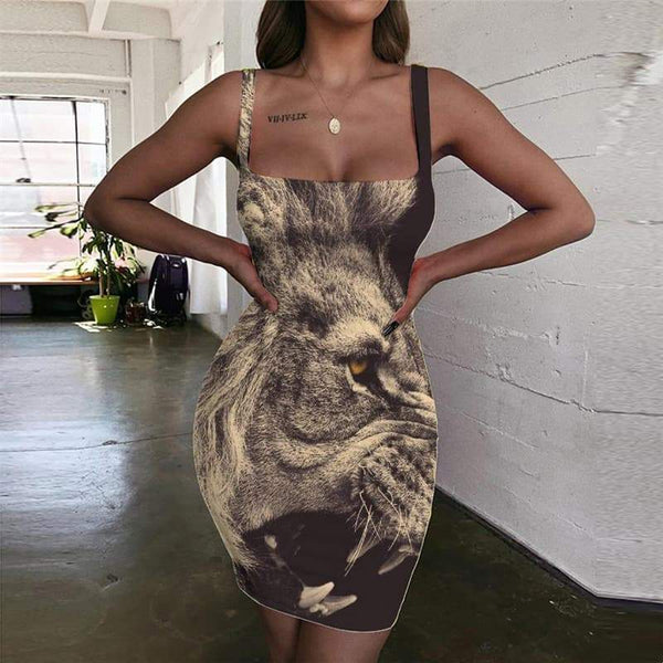 Lion Dresses Women Animal Bodycon Dress Anime Sundress Harajuku 3d Print Ferocious Ladies Dresses - KYKU