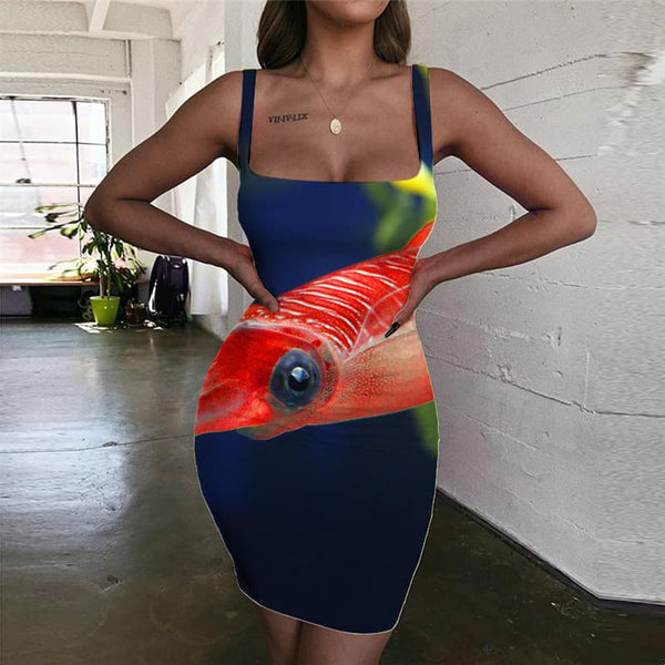 Fish Dress Women Ocean Bodycon Dress Animal 3d Print Red Sundress