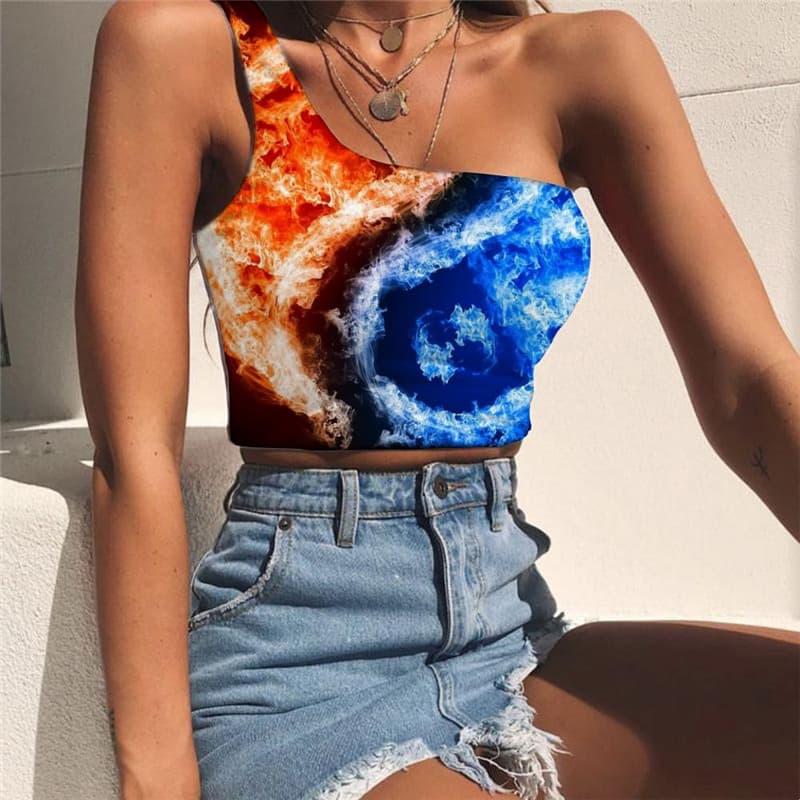 Flame Vest Tops Women Yinyang One Shoulder Crop Funny Midriff T shirt