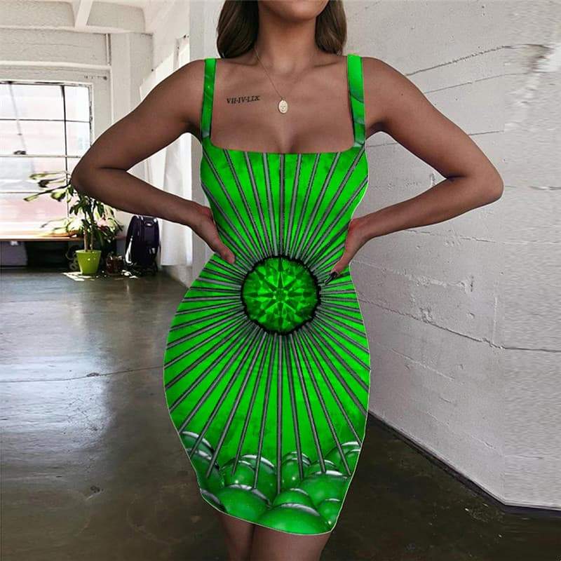 Geometric Dress Women Psychedelic Vestido Sexy Vortex Bodycon Dress Ball Ladies Dresses Green Halter Sleeveless - KYKU