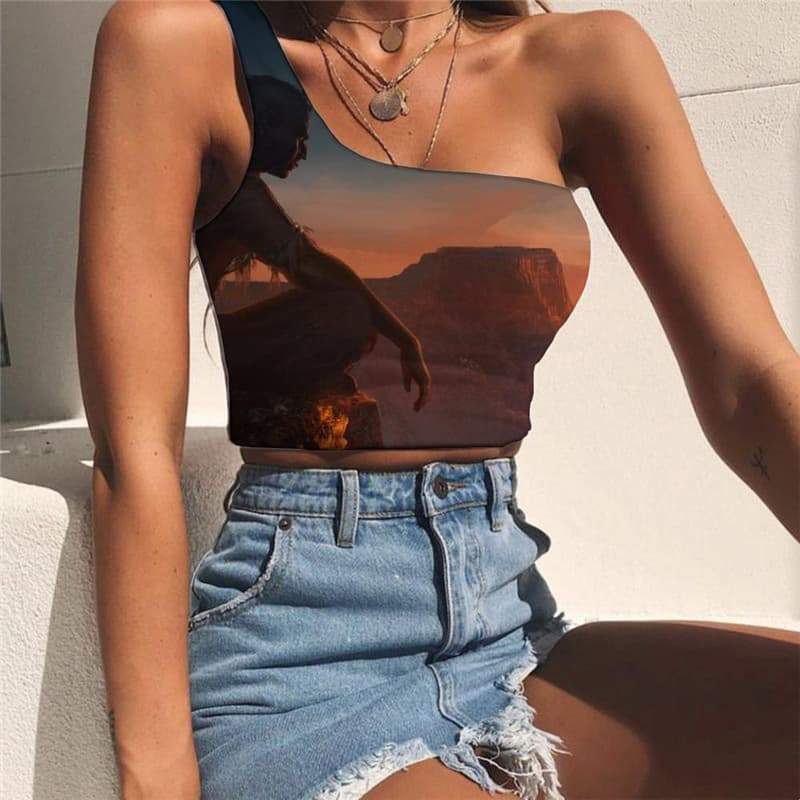 Indios Vest Tops Women Sunset Sleeveless Shirt Landscape Tees Graphic Mountain One Shoulder Crop - KYKU