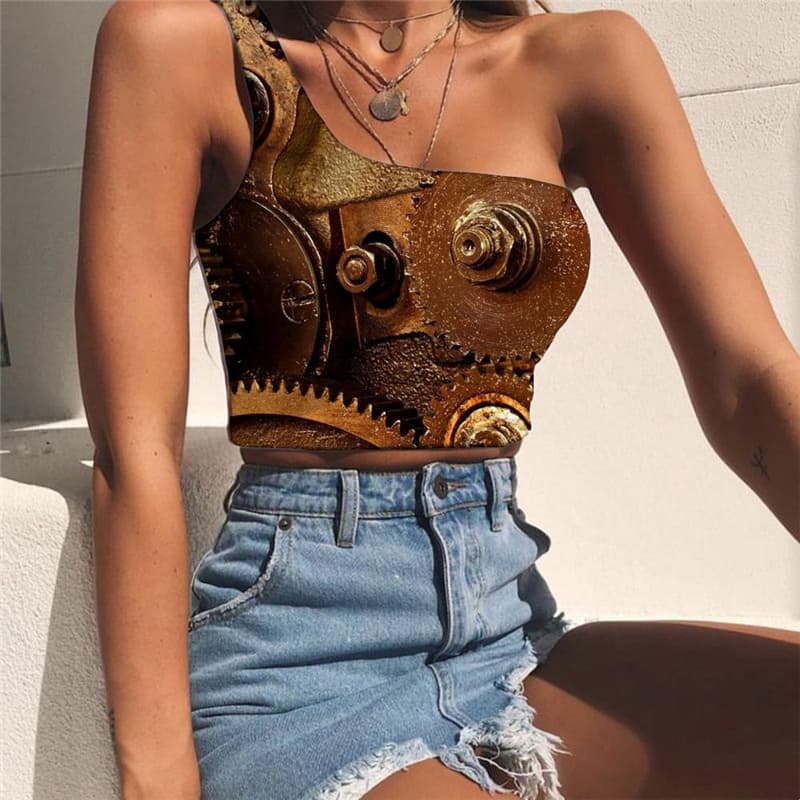 Metal Vest Tops Women Engine One Shoulder Crop Gear Midriff T shirt Art Tees Graphic