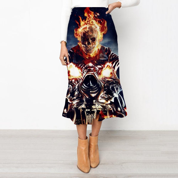 Skull Skirts Women Punk High waist skirts Flame Skirt Ladies Motorcycle Rock Frauen - KYKU