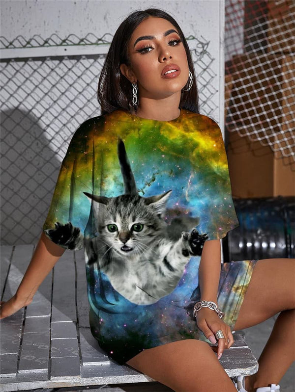 
Cat T-shirt Women Animal Gothic Nebula Summer Galaxy Punk Rock Womens Clothing
                
