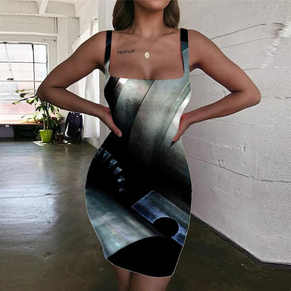 Metal Dress Women Engine Bodycon Dress Gear Ladies Dresses Punk Rock Vestido Sexy