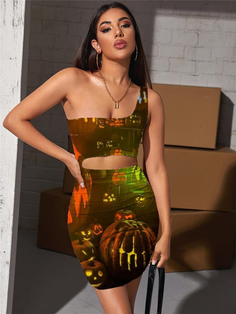 Halloween Dress Women Pumpkin Vestido Sexy Cosplay Halter Sleeveless Party Bodycon Dress