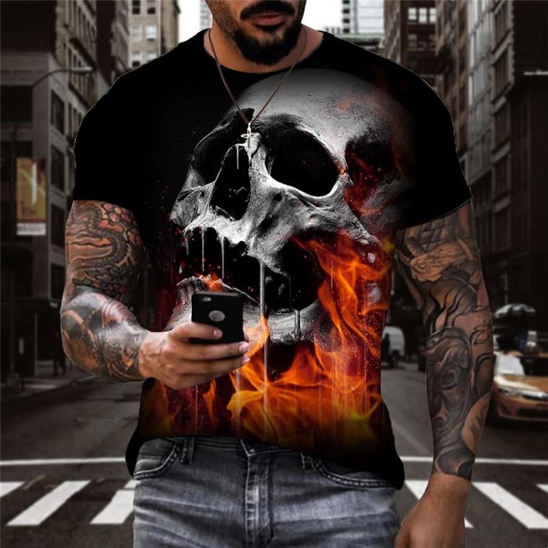Skull T shirt Men Flame Anime Clothes Skeleton Funny T shirts Black Tshirts Casual