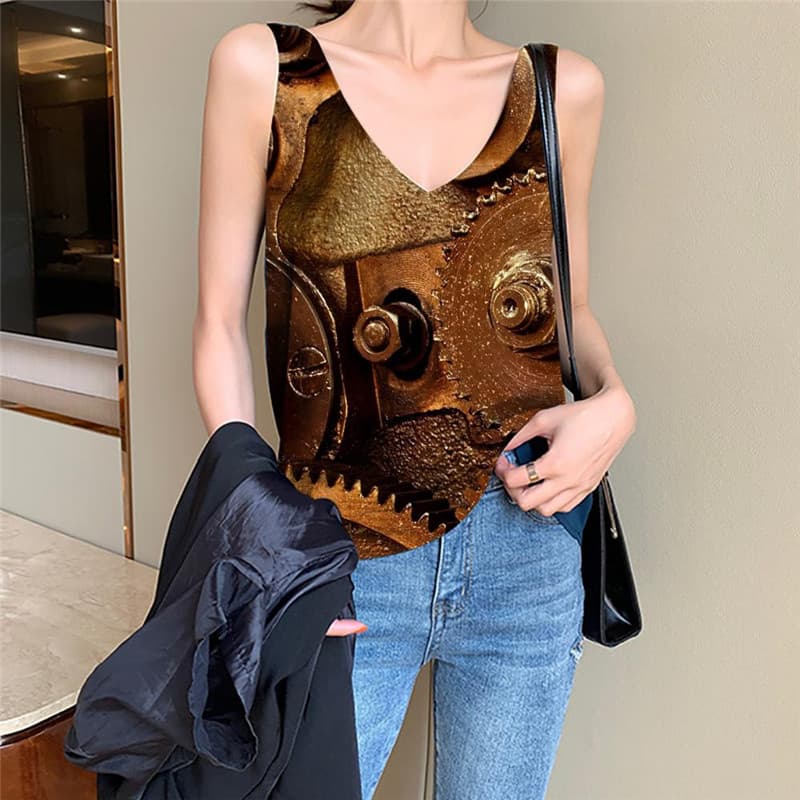 Metal Tank Top Women Engine Vest Print Gear Vest Printed Art Tank Tops Casual