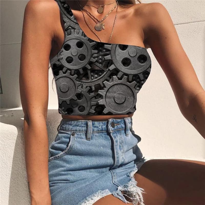 Metal Tank Tops Women Engine Sleeveless Shirt Gear One Shoulder Crop Black Midriff T shirt