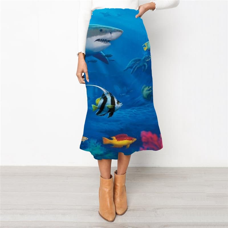 Shark Skirt Women Fish Rock Frauen Animal Skirt Ladies Ocean School skirt Blue High waist skirts