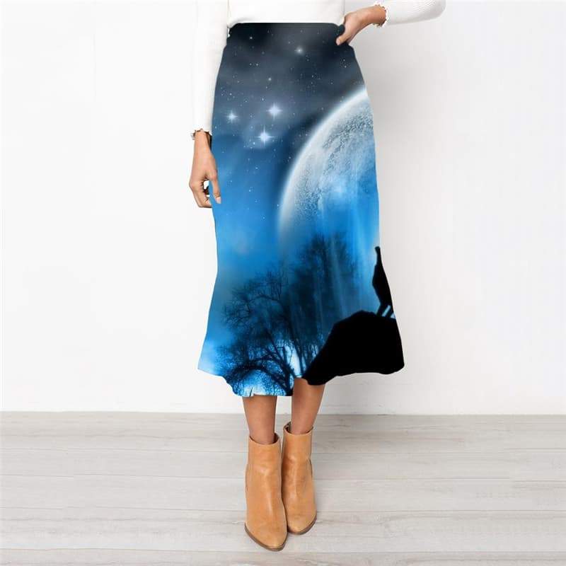 Wolf Skirt Women Animal Skirt Ladies Anime School skirt Moon High waist skirts Blue Rock Frauen - KYKU