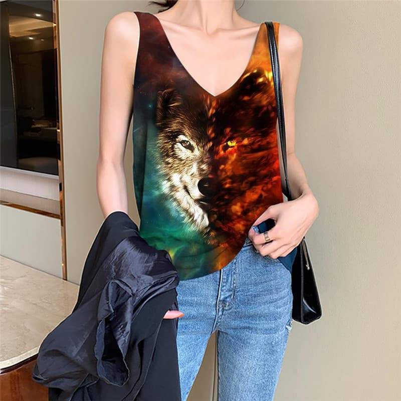 Wolf Tank-Top women Animal Anime Clothes Anime Sleeveless 3d Nebula Tank Tops Casual Space Vest Printed - KYKU
