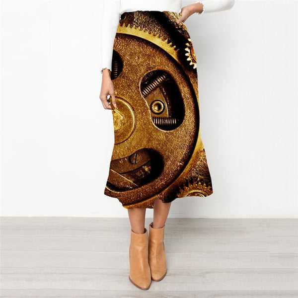 Metal Skirt Women Engine School skirt Gear Rock Frauen Golden High waist skirts