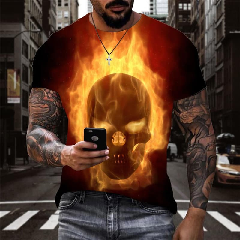 Skull T shirt Men Flame Tshirt Printed Gothic Anime Clothes Funny Shirt Print
