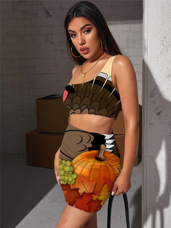 
Thanksgiving Dresses Women Animal Vestido Sexy Maple Leaf Bodycon Dress
                