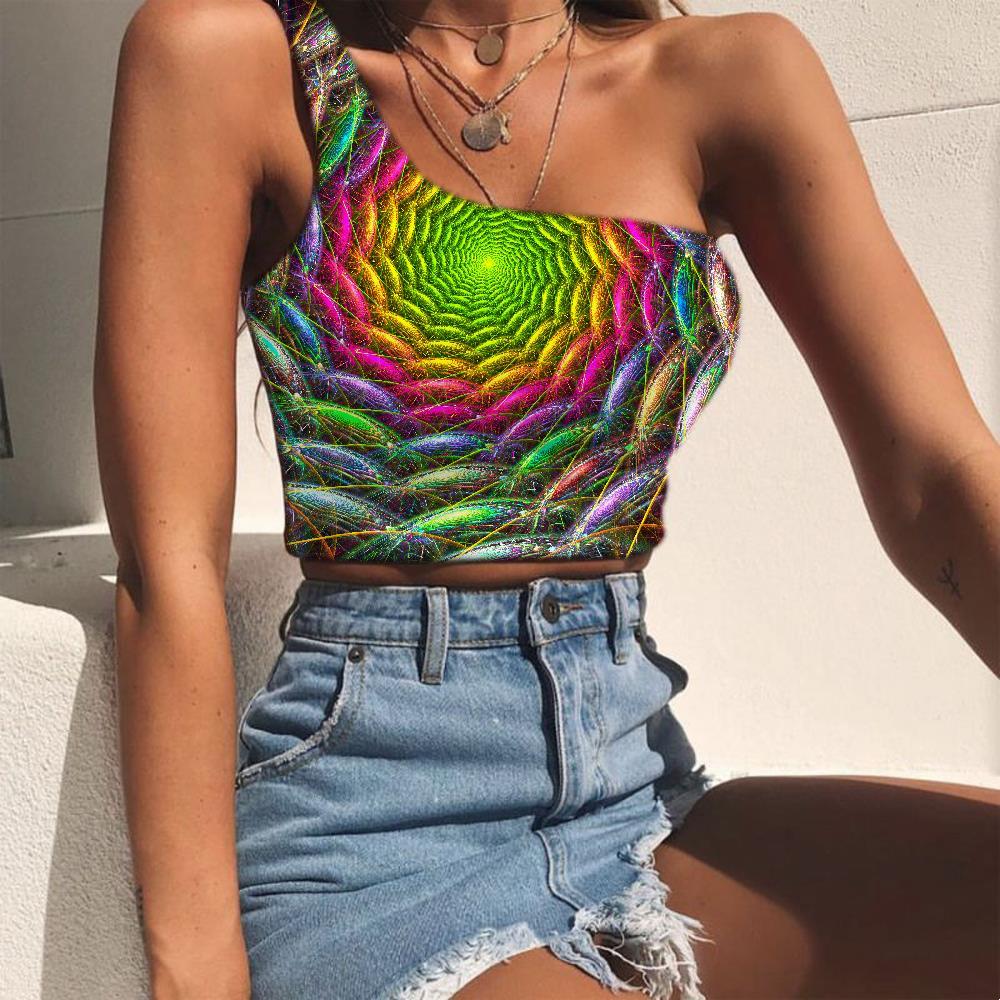 Geometric Tank Tops Women Psychedelic Midriff T shirt Vortex Sleeveless Shirt Colorful One Shoulder Crop - KYKU
