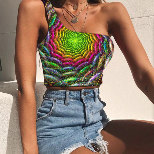 Geometric Tank Tops Women Psychedelic Midriff T shirt Vortex Sleeveless Shirt Colorful One Shoulder Crop - KYKU