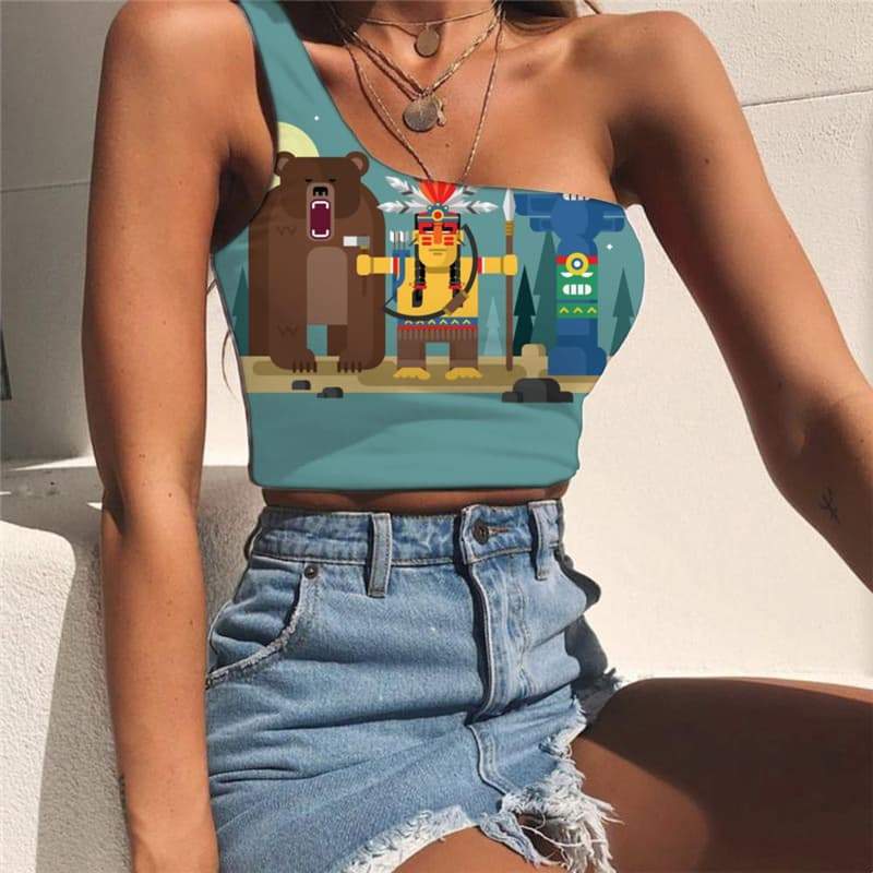 Indios Vest Tops Women Bear Sleeveless Shirt Animal One Shoulder Crop Dark Green Tees Graphic - KYKU