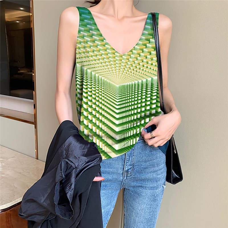 Geometric Tank-Top women Psychedelic Vest Print Vortex Tank Tops Casual Green Vest Printed - KYKU