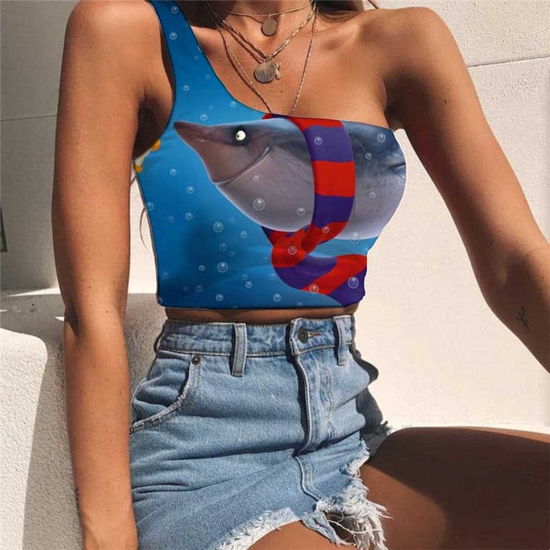 Fish Tank Tops Women Blue Midriff T shirt Animal Tees Graphic Ocean Sleeveless Shirt Christmas One Shoulder Crop