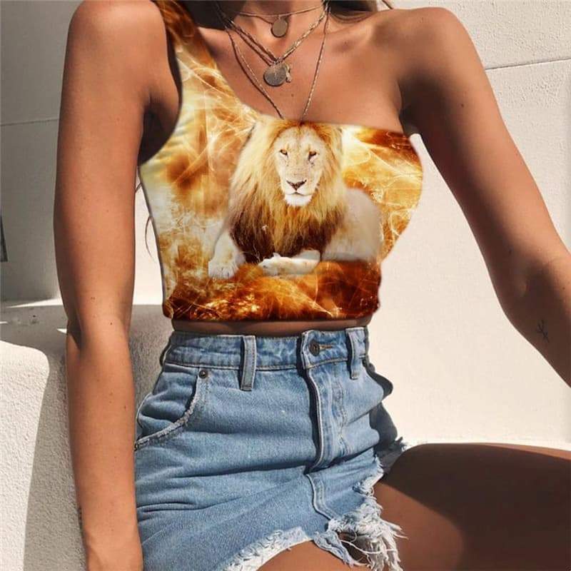 Lion Tank Tops Women Animal Midriff T shirt Anime Tees Graphic Flame One Shoulder Crop Hilarious Sleeveless Shirt - KYKU