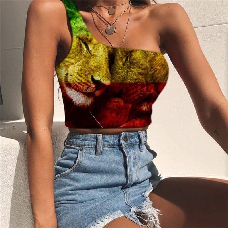 Lion Vest Tops Women Animal Tees Graphic Anime One Shoulder Crop Love Midriff T shirt Family Sleeveless Shirt - KYKU