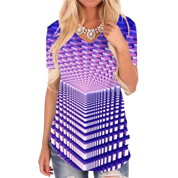 Geometric T-shirt women Psychedelic T-shirts 3d Vortex Tshirts Printed Purple V-neck Tshirt