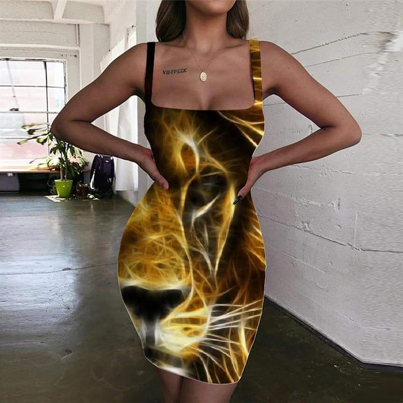 Lion Dress Women Animal Halter Sleeveless Anime Sundress Abstract Vestido Sexy Harajuku Bodycon Dress - KYKU