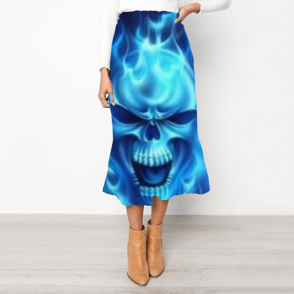 Skull Skirts Women Punk School skirt Blue High waist skirts Flame Skirt Ladies - KYKU