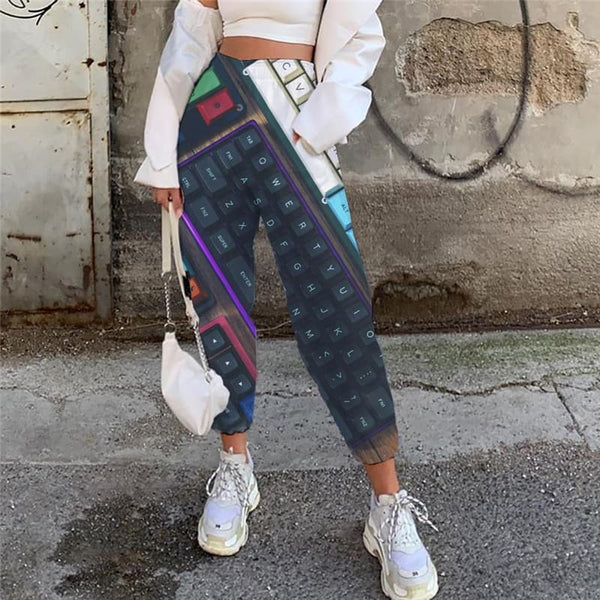 Keyboard Pants Women Letter Jogger Pants Colorful High Waist Pants