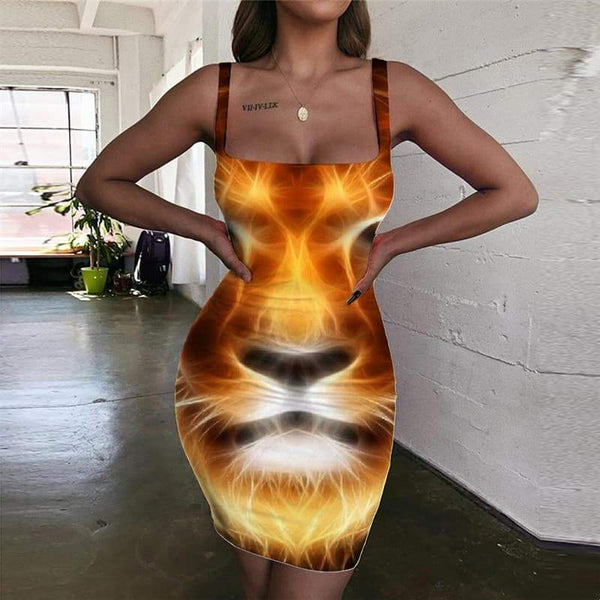 Lion Dresses Women Animal Bodycon Dress Anime Sundress Flame Ladies Dresses Harajuku 3d Print - KYKU