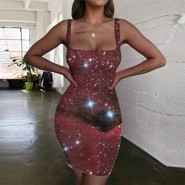 Galaxy Dresses Women Space Halter Sleeveless Universe 3d Print Red Bodycon Dress