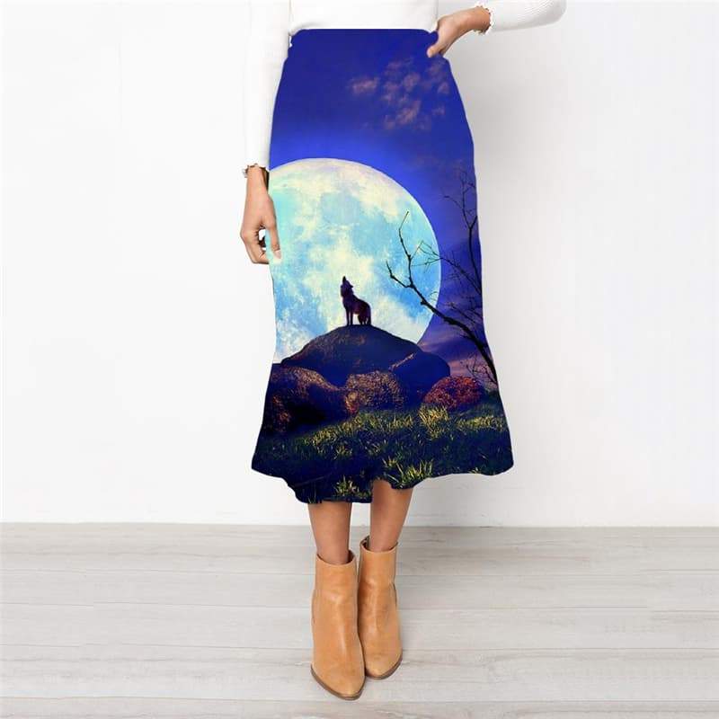 Wolf Skirt Women Animal School skirt Anime Skirt Ladies Moon Rock Frauen Tree High waist skirts - KYKU