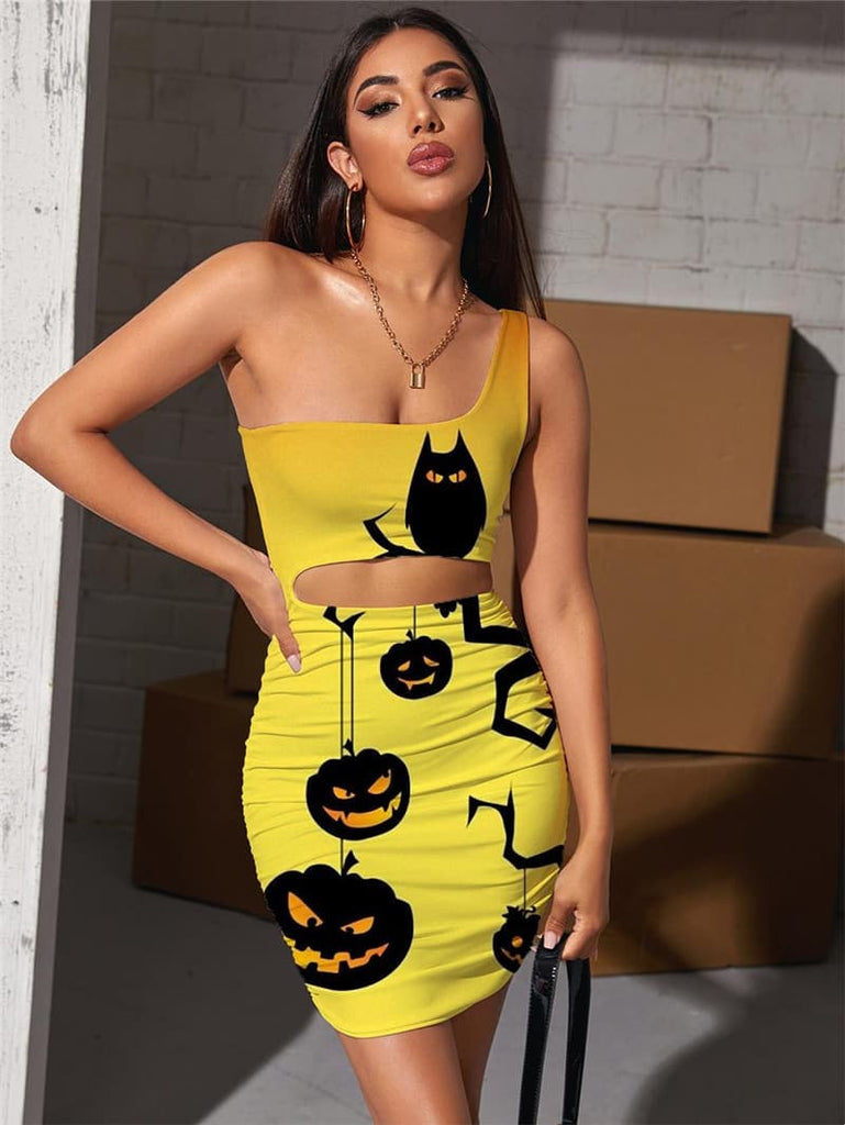 Pumpkin Dress Women Halloween Halter Sleeveless Bat Hollow out Dresses Moon 3d Print
