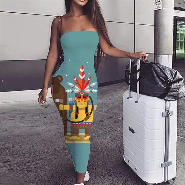 Indios Dress Women Bear 3d Print Animal Sundress Dark Green Boho Womens Clothing - KYKU