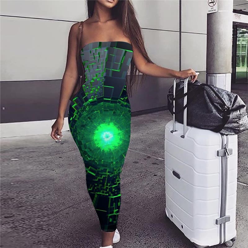 Dizziness Dress Women Green 3d Print Technology Bodycon Dress Art Ladies Dresses