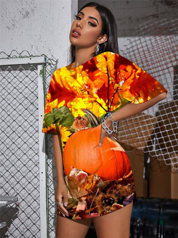 
Pumpkin T-shirt Women Halloween Tshirt Printed Flower Gothic Maple Leaf Funny T shirts
                