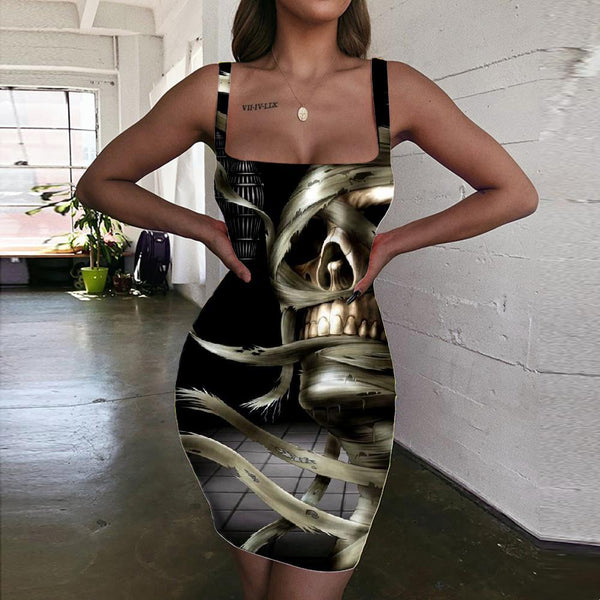 
Skull Dresses Women Punk Bodycon Dress Mummy Halter Sleeveless Zombie 3d Print - KYKU
                