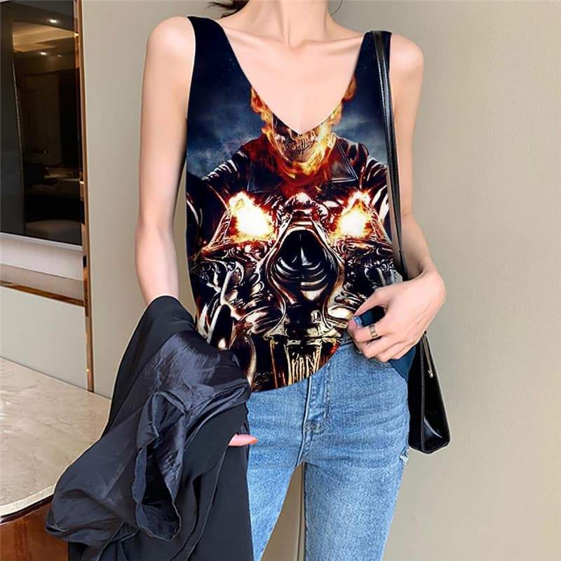 Skull Tank-Top women Punk Sleeveless 3d Flame Tank Tops Casual Motorcycle Anime Clothes - KYKU
