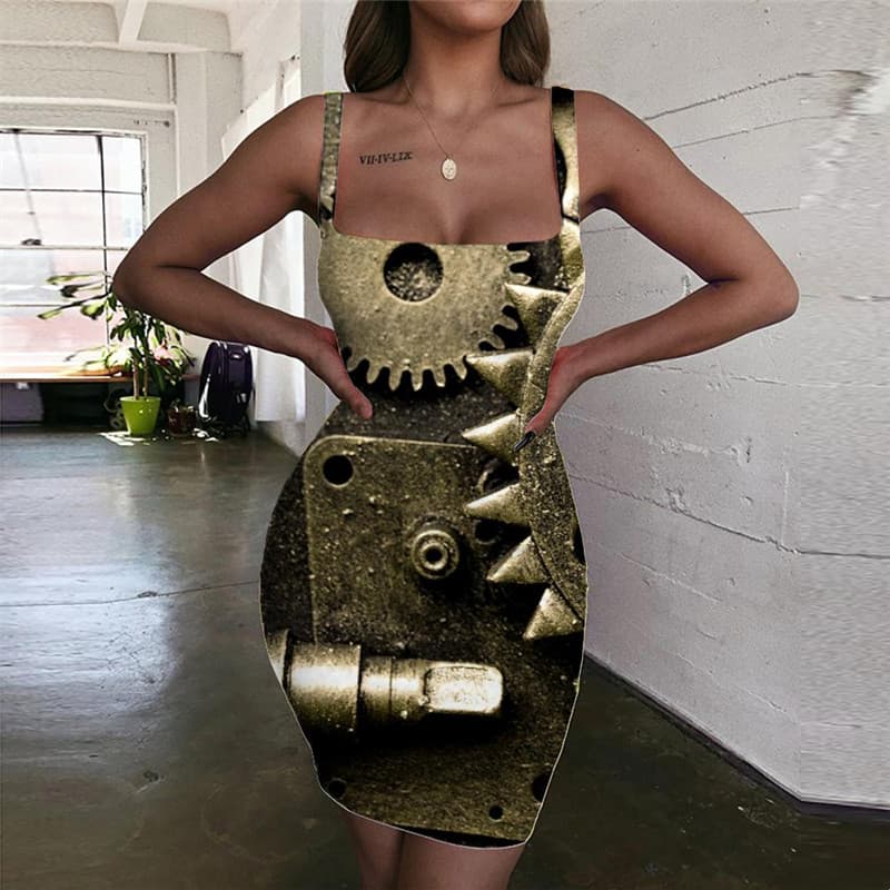 Metal Dress Women Engine Ladies Dresses Gear Bodycon Dress Paint Sundress